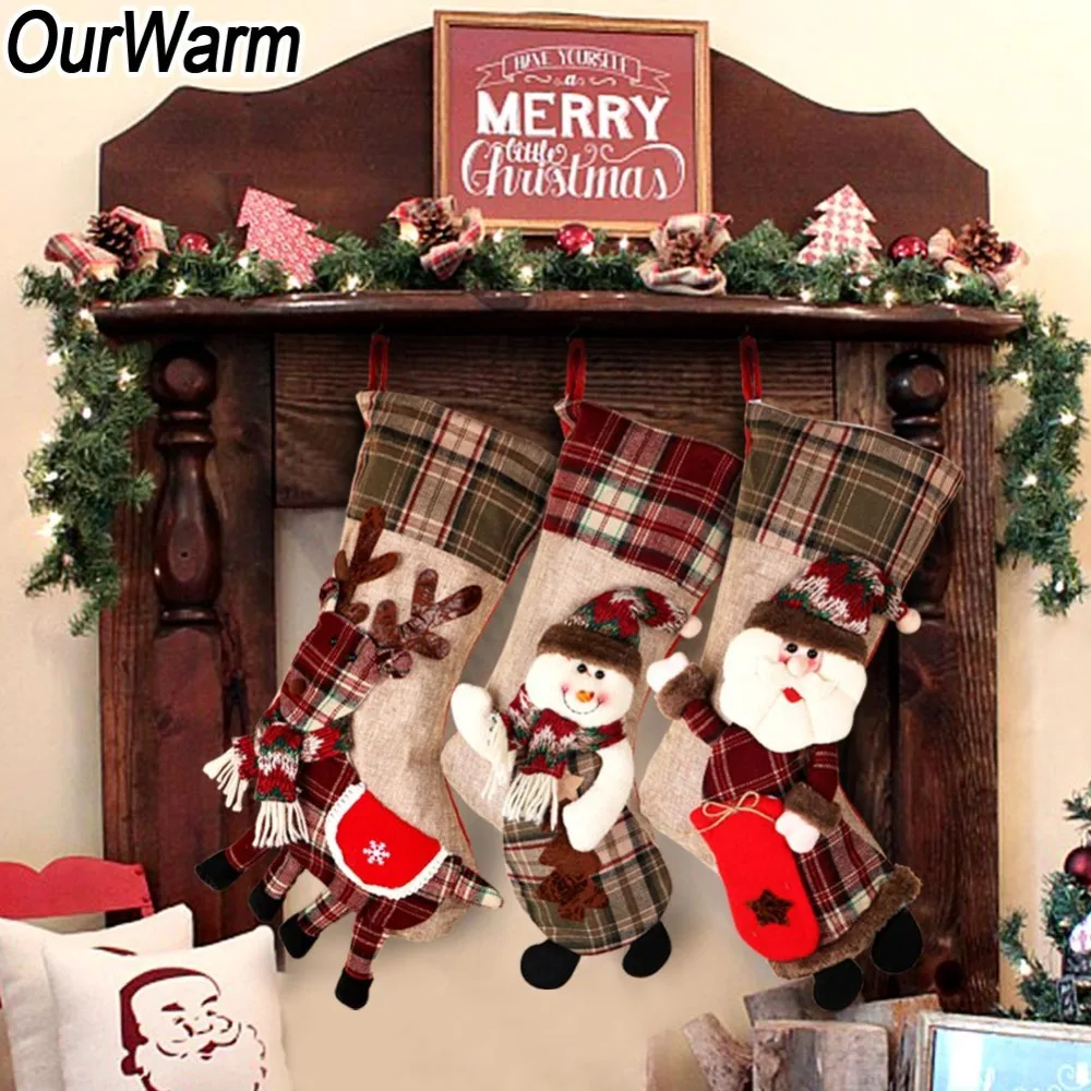 

OurWarm 3D Plaid Christmas Stocking Gifts Santa Claus Elk Snowman Chimney Christmas Socks Candy Bag New Year Decoration 2018