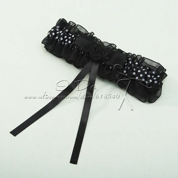 

Free Shipping White Dots Black Organza/Polyester Wedding Garter with Ribbon Bowknot And Flower /2013 New Arrival/Bridal Garter