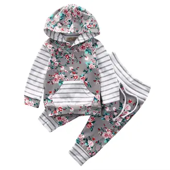 

Newborn Baby Boy Girl Autumn Clothes Long Sleeve Floral Hooded Tops Long Pant Trouser 2PCS Clothing Set for 0-24M Children