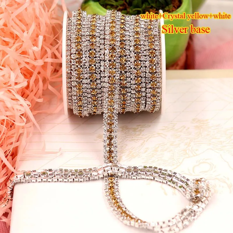 

9mm 1 yard 3 Rows silver Base white+crystal yellow color Rhinestone Cup Chain sew on Diy/bag/Clothing accessories ZL009