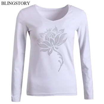 

BLINGSTORY Cotton Bead Flower Big Size Women Autumn T Shirt Casual V-neck Long Sleeve Top