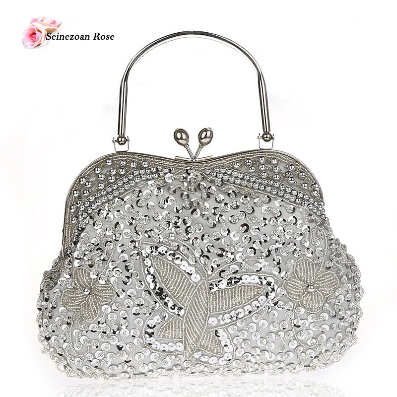 

2016 New Vintage Women's Beading Sequined Totes Frame Handbags Ladies Butterfly Purses Wedding Evening Bags Women Shoulder Bags