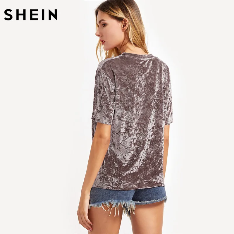 SHEIN T shirt Women Summer 2017 Womens Tops Coffee Short Sleeve Crushed Velvet T-shirt Casual Womens Tee Shirts