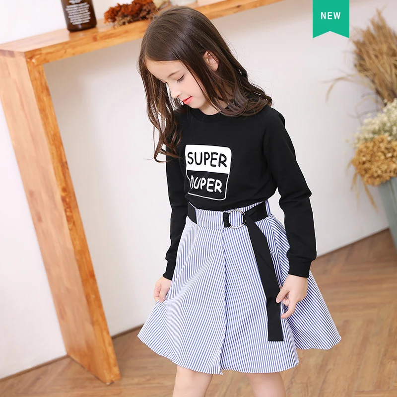 

Fashion Girls Tracksuits Long Sleeve Black T Shirt + Belt Stripe Skirts Toddler Teenage Girls Clothing Set School 6 8 10 12 14