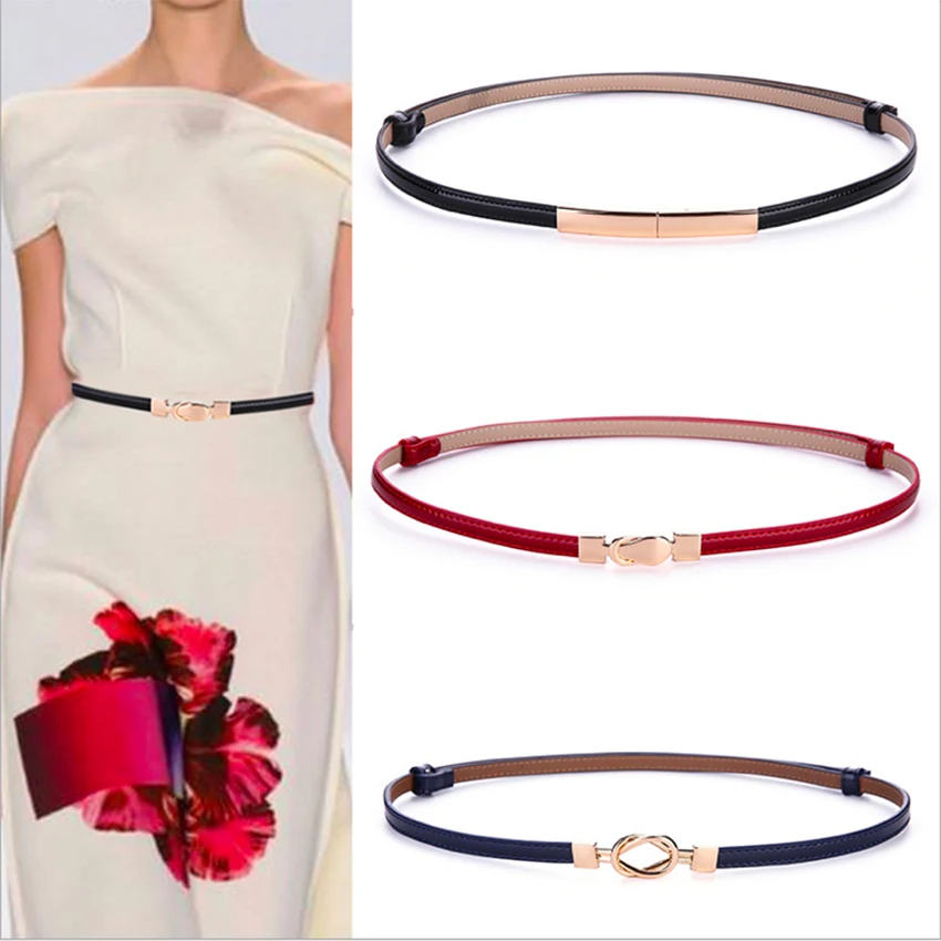 

Women Real Leather Metal Buckle Thin Waistbands Solid Elegant Hot Sale High Quality Cowskin Female Adjustable Belt