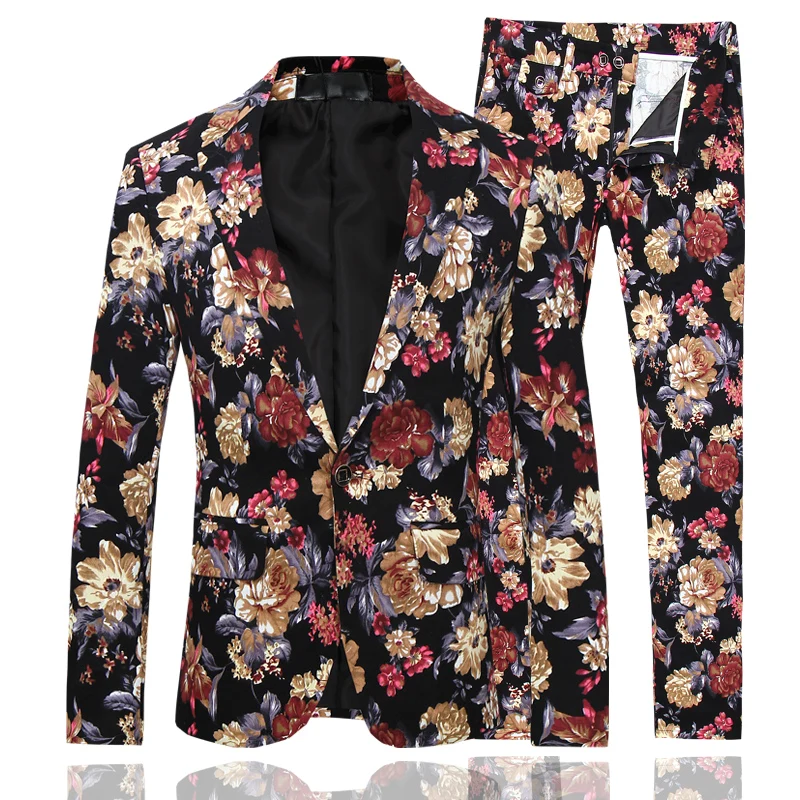 Floral Party Suits Man Two Pieces Wedding Sets Suits Vintage Flower Print 2019 Harajuku Wedding Suit For Mens Slim Fit Clothes