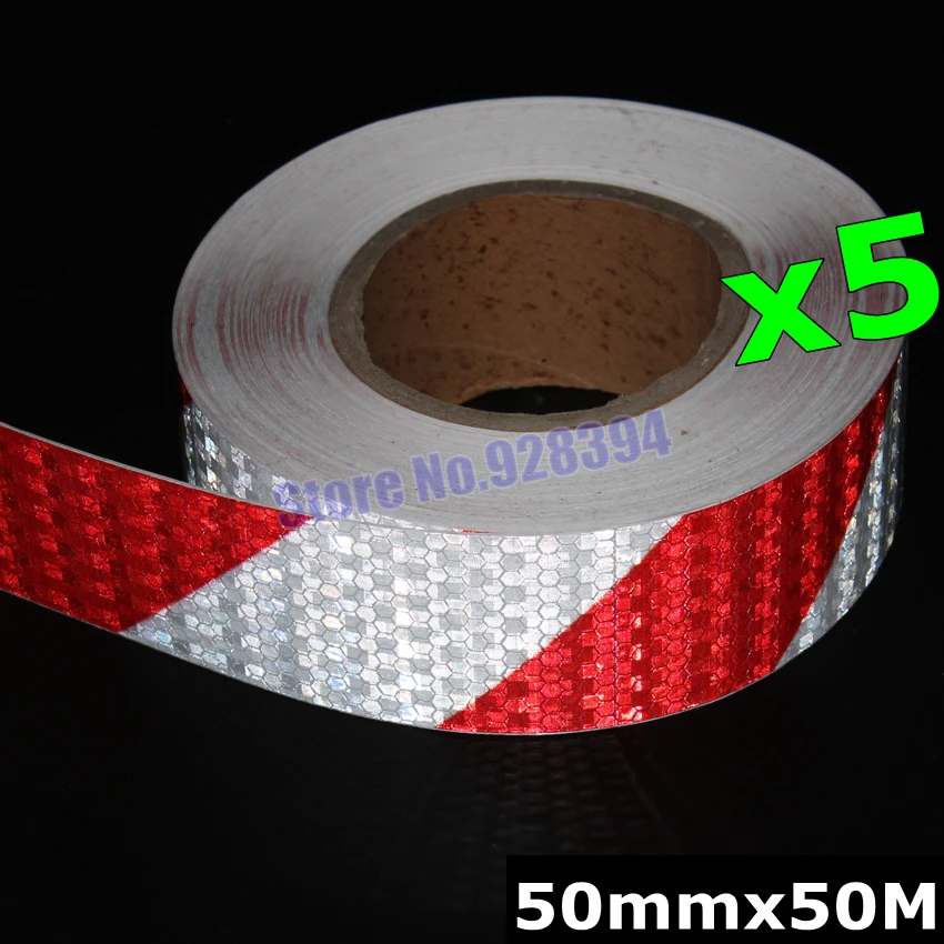 5Rolls 50mmx50M Safety Red&Silver Stripe Reflective Adhesive Tape