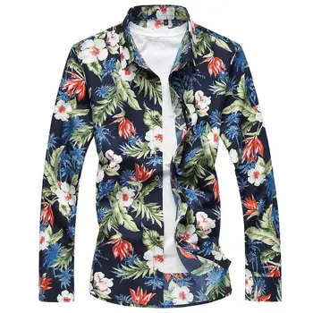 

Hawaiian Shirt Male Slim fit Long sleeves Mens Dress Shirts Floral Fashion Blouse Men Flower