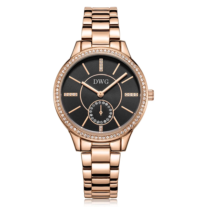 DWG Brand Black Dial 30M Waterproof Rhinestone Quartz Watch Bracelet Watch Zinc Alloy Ladies Wristwatch for