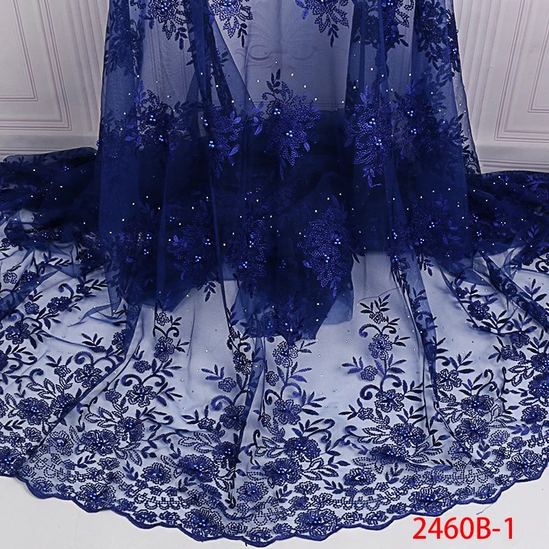 

Newest African Tulle Lace Fabric Hot Sale French Net Fabric Lace with Beads Stones Nigerian Embroidery Laces for Dress KS2460B-1