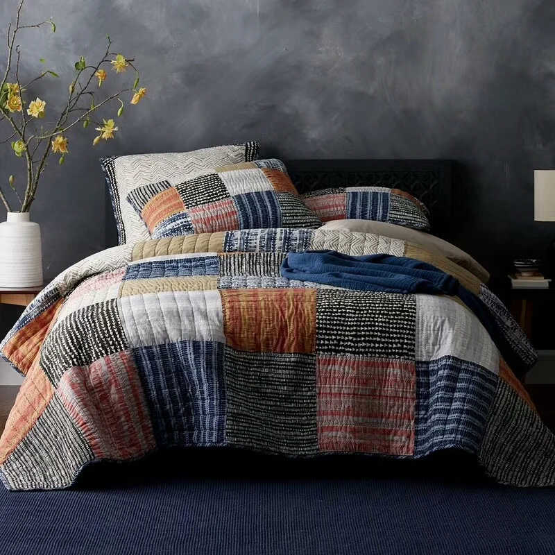 Cotton Bedspread Quilt Set 3PCS Thick Coverlets Handmade Patchwork Quilted Quilts Bed Cover Pillowcase King Size