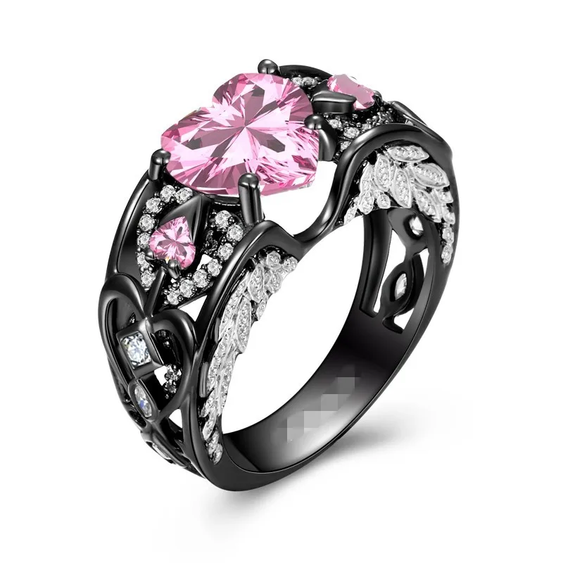 

Heart Shaped Lab-created Pink Black Gold 925 Silver Women Angel Wing Ri Women Engagement Wedding Ring Jewelry Drop shipping