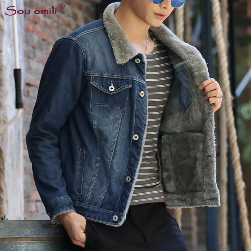 Winter Solid Mens Denim Jacket Fleece Coat Plus Size S 4XL 5XL Bomber ...