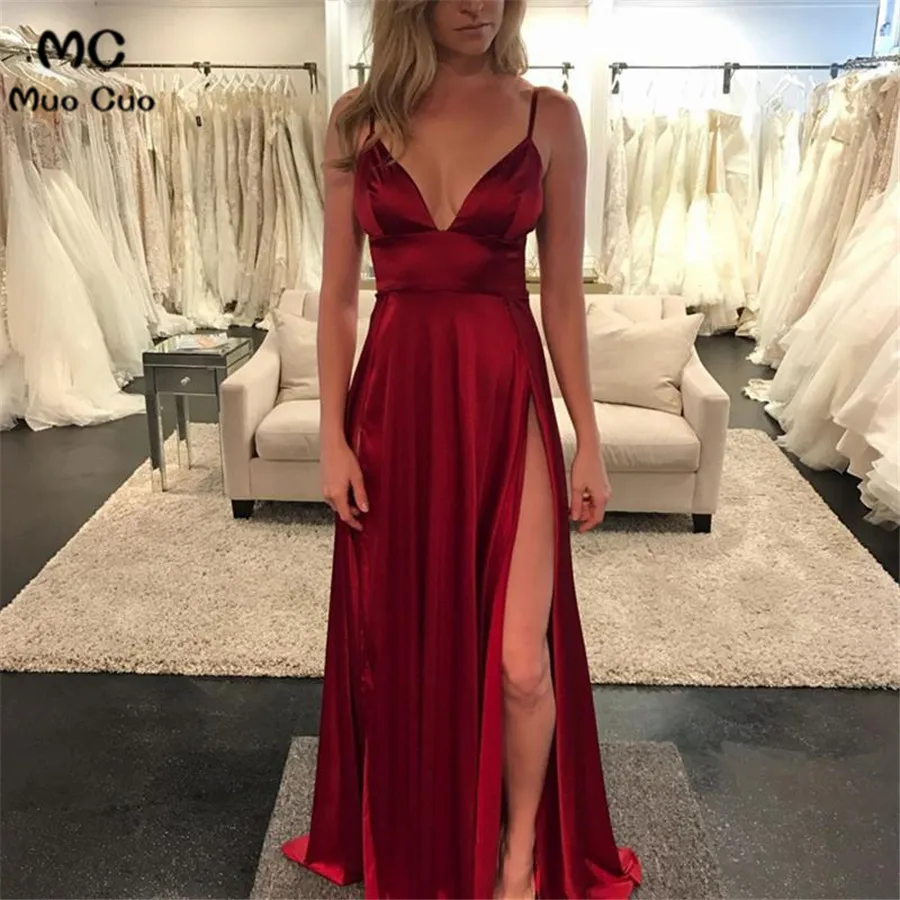 

2018 A-line Burgundy Evening Dresses Deep V-neck Split Spaghetti Straps Prom Gowns Shiny Formal Evening Party Dress 100% Real