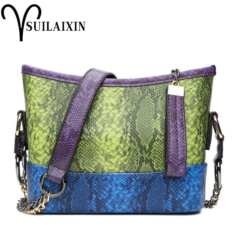 

Women Designer Snake Leather Snakeskin Shoulder Bags with Chains small Serpentine Chain Colorful Messenger Crossbody bucket Bag