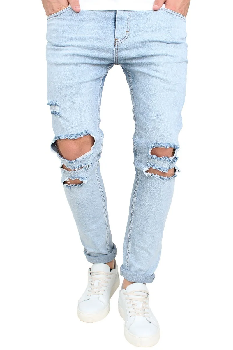 New Blue Men Ripped Denim Jeans Biker Distressed Male Destroy Skinny