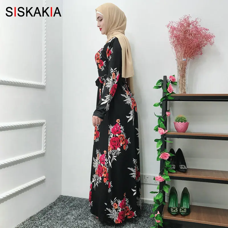 Siskakia الأسود طباعة فستان طويل مسلم الصيف 2019 الحلو عارضة ماكسي فساتين الزهور جولة الرقبة طويلة الأكمام رمضان الملابس الإمارات 