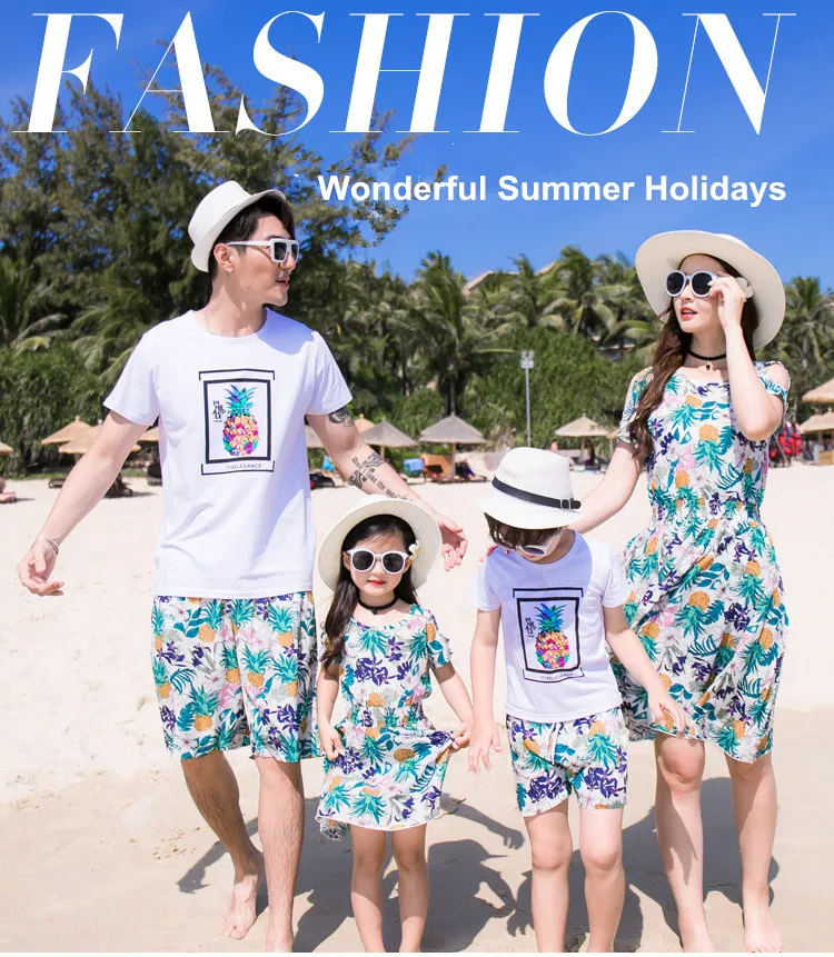 Family Matching Clothing Bohemian Pineapple Printed Mother Daughter Dress Dad Son Boys Tshirts And Shorts 8