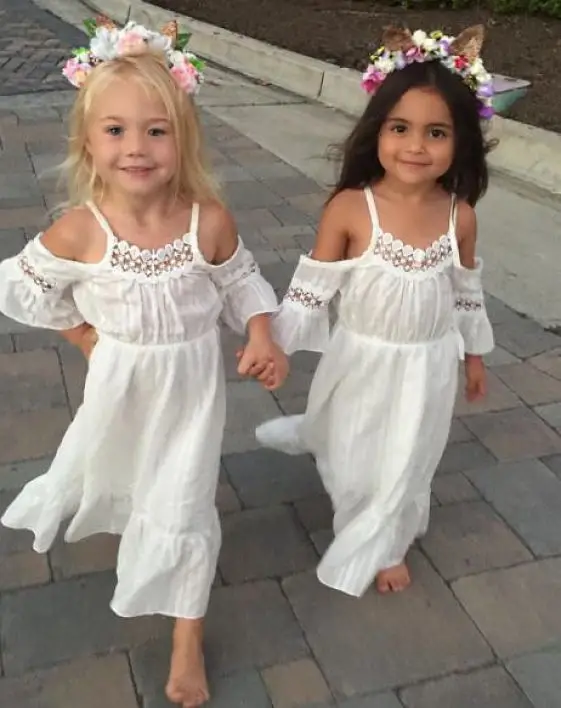 

Girls Off Shoulder White Cover-Ups Flower Princess Lace Vestidos Kids Baby Party Wedding Pageant Lace Dresses Beach Clothes