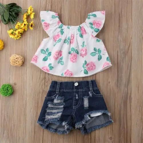 

Canis Newborn Baby Girl Flower Off Shoulder Tops Denim Shorts Pants Outfits Set