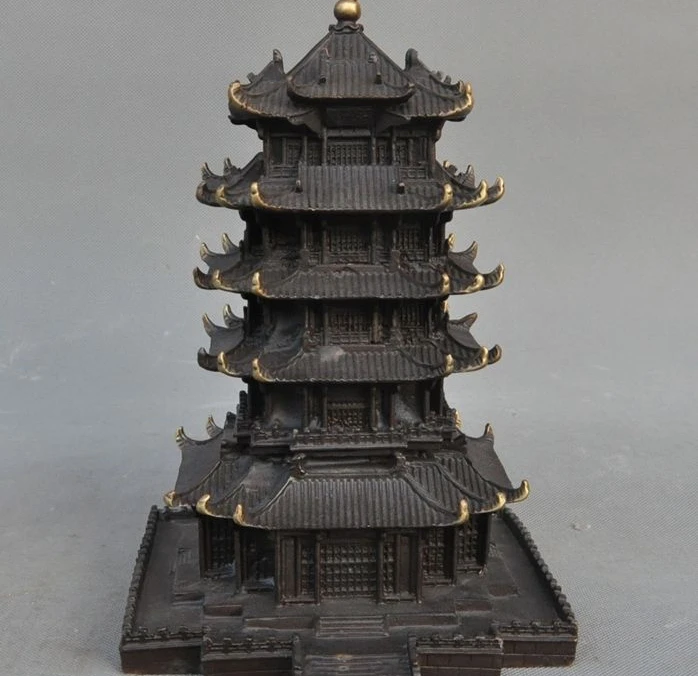 

10"Old Chinese Bronze Attic Garret Penthouse Antiquity Yellow Crane Tower Statue