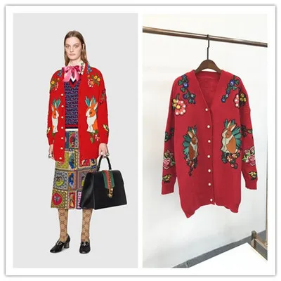 

women new fashion Embroidered rabbit V collar knit sweater thickened outside jacket