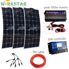 300W Solar System Kit for Beginner Flexible Solar Panel with 30A Controller and 1000W Pure Sine Inverter For 12V Battery Charger