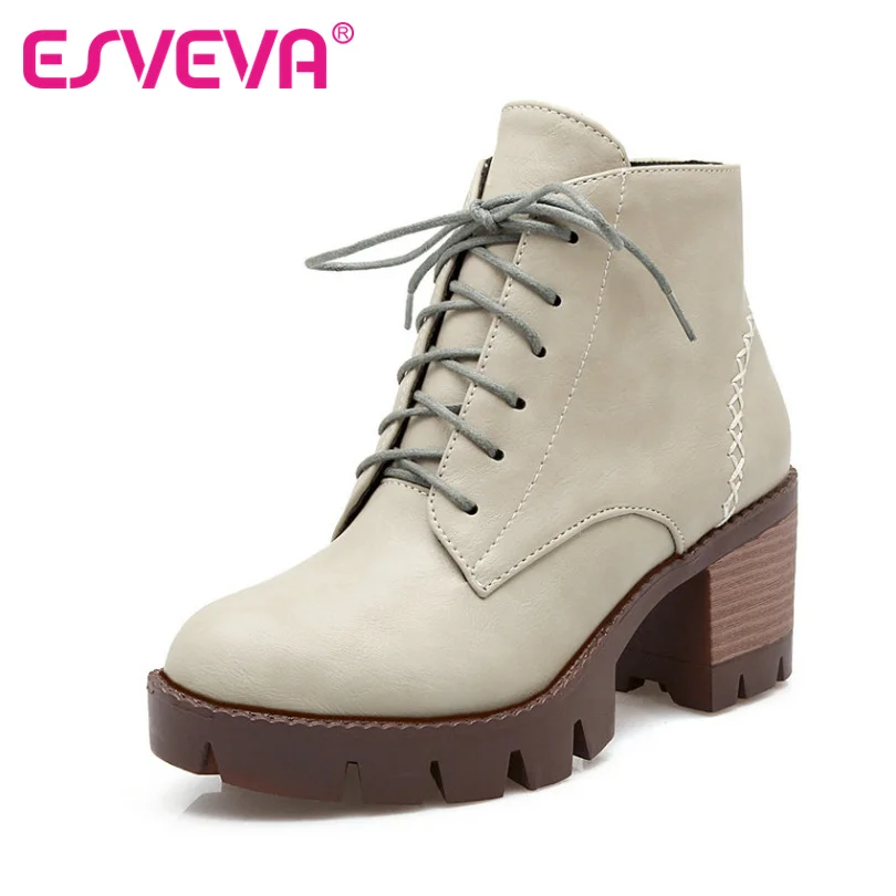 ФОТО ESVEVA Plus Size 34-43  Platform Lace Up Motorcycle Boots Zipper Woman Soft PU Thick  High Heel Ankle Boots Casual Women Shoes