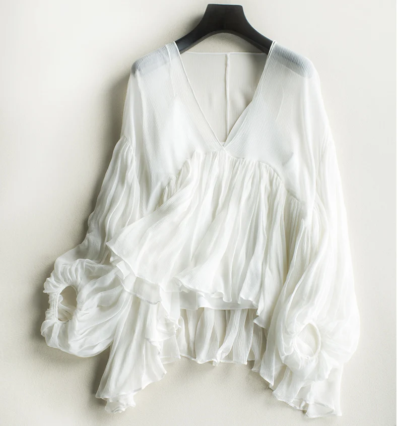 

2018 New Women White Silk V Neck Irregular Hem Blouse Shirt With Lining - Casual Street Fashion Celebrity Style Blouse Tops
