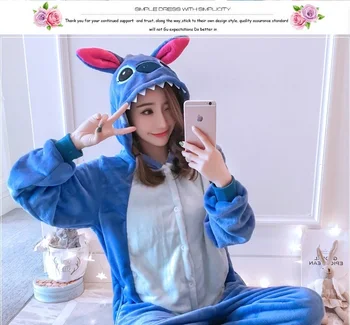 

Kigurumi Onesie Cosplay Winter Wholesale Animal Blue and red Stitch Star Adult Unisex Hooded Sleepwear Adult pajamas jumpsuit