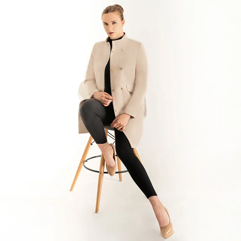 

2018 Autumn Winter Women Thick Wool Coat Double Breasted Slim Medium-Long Wool Coats Female Jackets Mandarin Collar Trench Coat