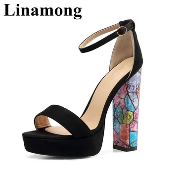 

Black Platform Square Heel Mixed Colors High Heel Flock Sandals Sexy Fashion Party Open Toe Summer Women Sandals High Quality