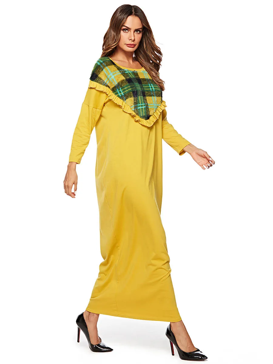 Марокканский кафтан повседневная женская обувь длинные платья прямо с длинным рукавом Осень o-образным вырезом желтый ботильоны Длина