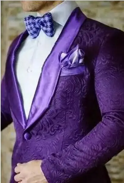 2017 Latest Coat Pant Designs Purple Floral Men Wedding Suits Slim Fit