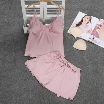 

Female Negligee Solid 2PCS Strap Top&Shorts Home Wear Applique Lace Pajamas Suit Sexy Satin Sleepwear Set Intimate Lingerie