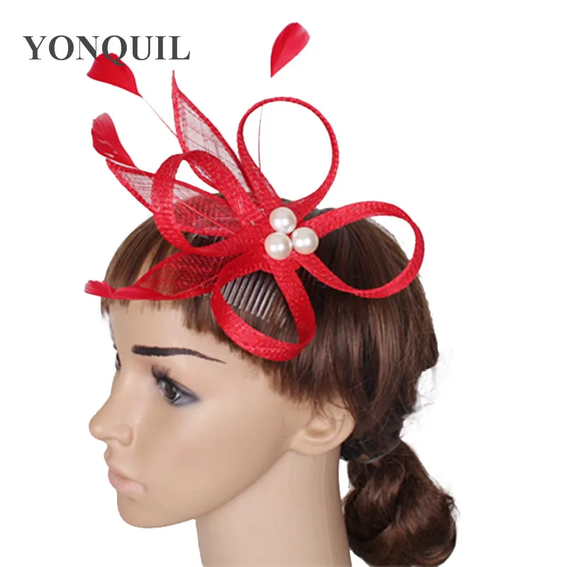 Церковная шикарная шляпа-чародей с заколками для волос, женский элегантный свадебный головной убор с перьями, свадебные головные уборы, аксессуары для волос для невесты - Цвет: Красный