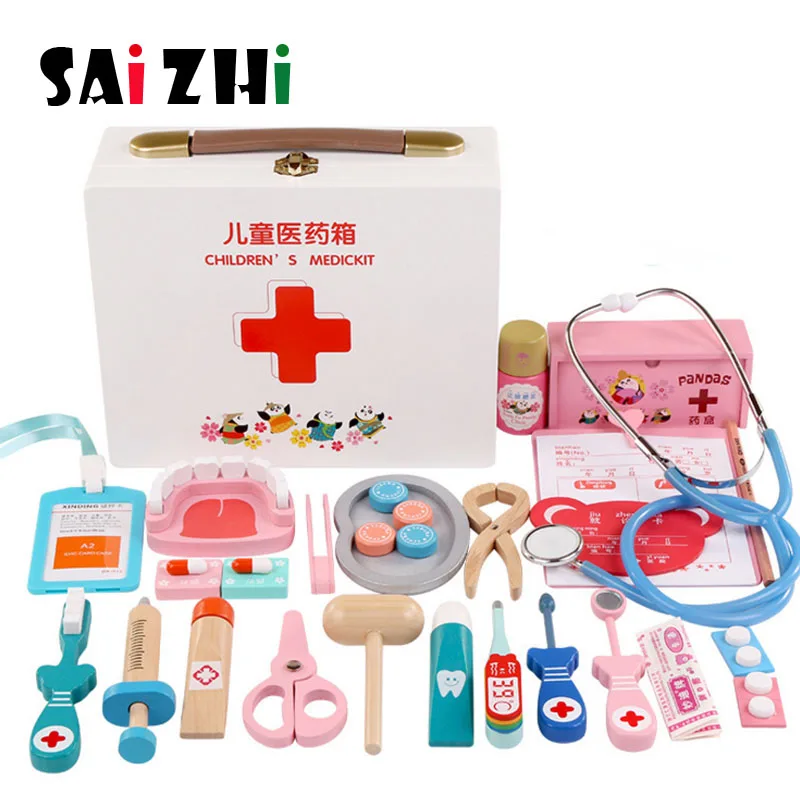

Saizhi Wooden Toys Funny Pretend Play Real Life Cosplay Doctor Game Toy Dentist Medicine Box Pretend Doctor Play For Children
