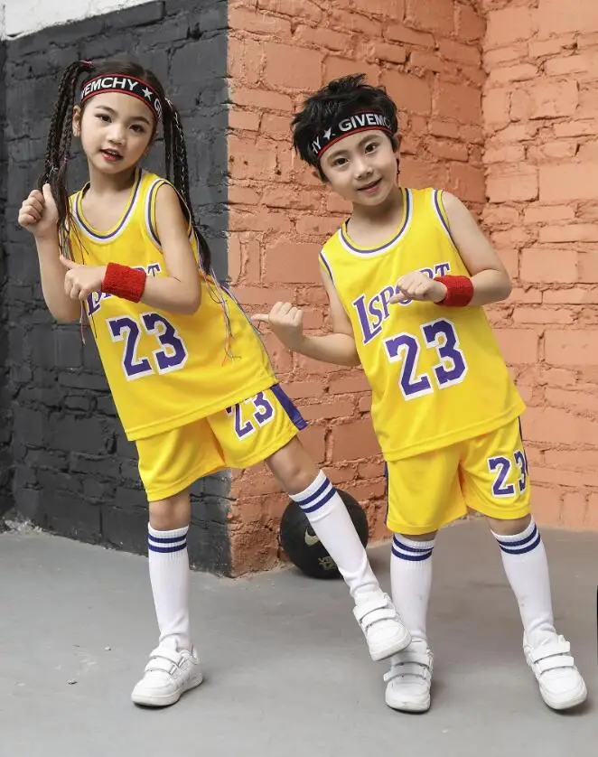 Детский баскетбольный комплект LSPORT 23# баскетбольная форма из Джерси для девочек дышащие детские спортивные футболки и шорты Одежда для баскетбольной команды - Цвет: Цвет: желтый