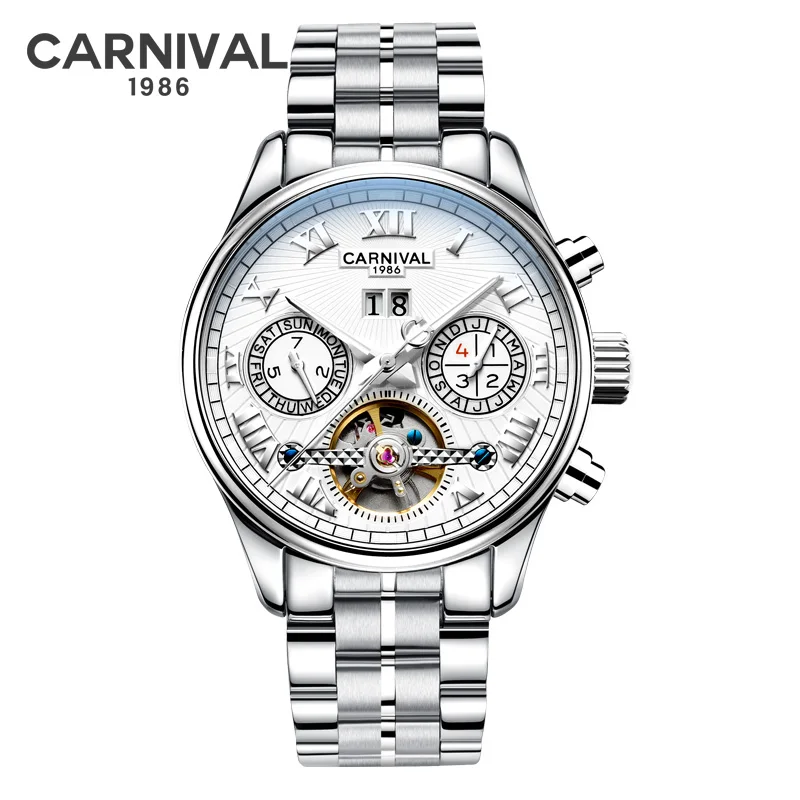 Карнавал Скелет автоматические часы для мужчин сапфировое стекло светящийся указатель люксовый бренд Tourbillon механические часы - Цвет: Steel Silver White