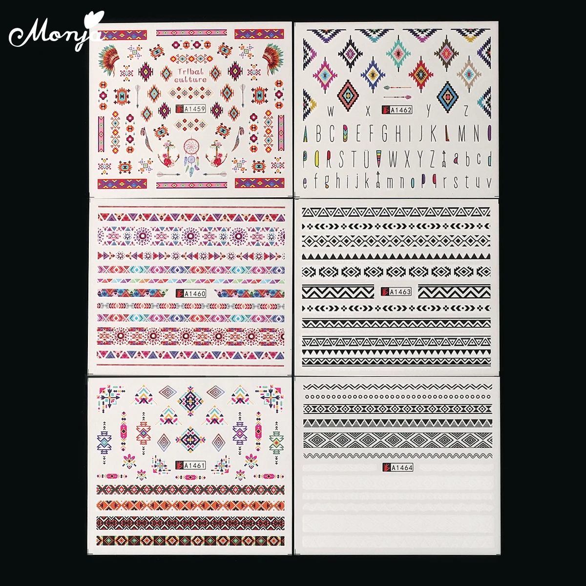 Monja, 12 листов, для дизайна ногтей, этническая серия, смешанный дизайн, Водная передача, полное покрытие, наклейки, 3D украшение для ногтей
