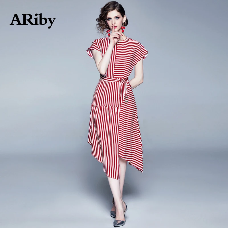 

ARiby Women Office Lady Slim Stripe Summer Dress 2019 New Fashion Temperament Short Sleeve Irregular Hem O-Neck A-Line Dress