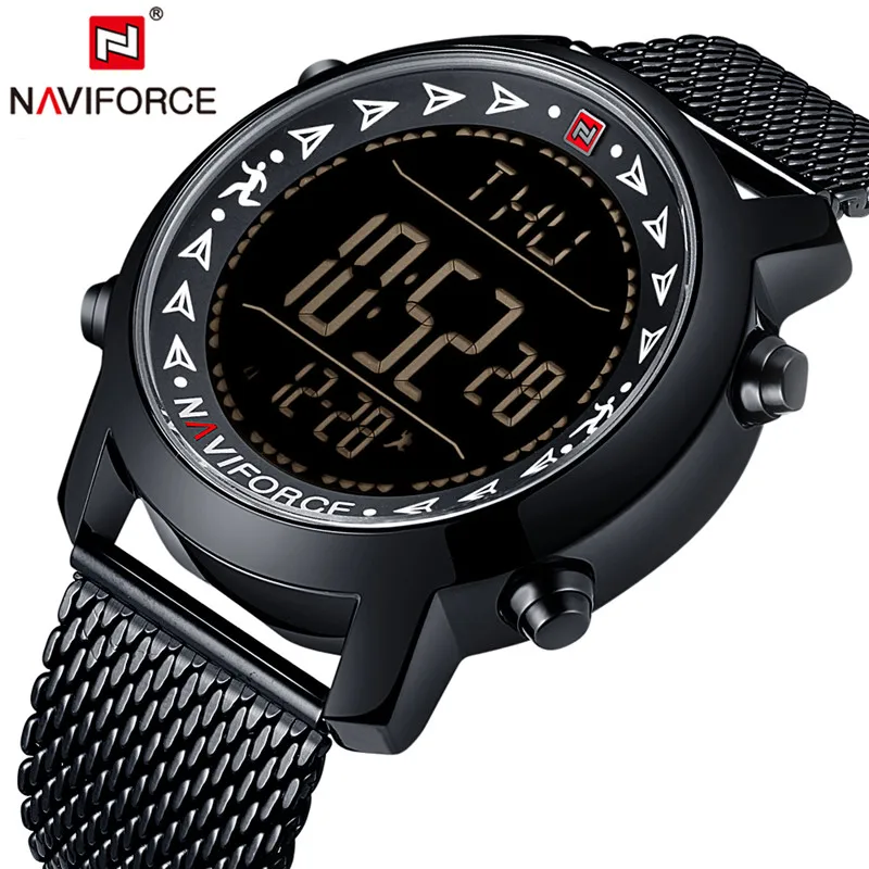 Лидирующий бренд NAVIFORCE, мужские светодиодный цифровые часы, спортивные часы, мужские военные водонепроницаемые наручные часы из нержавеющей стали, Relogio Masculino - Цвет: Black White