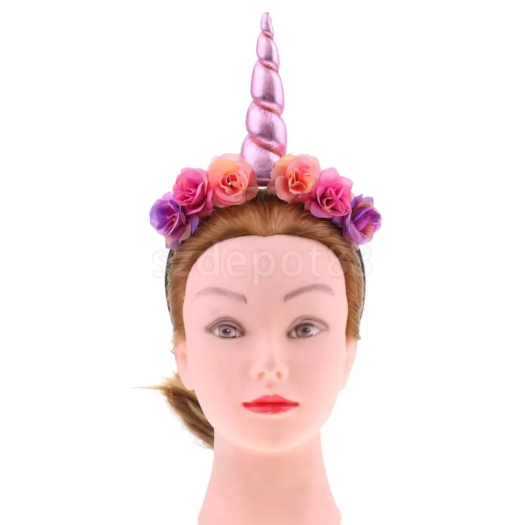 Magical Pink Unicorn Horn Headband Flowers Headpiece Fancy Dress