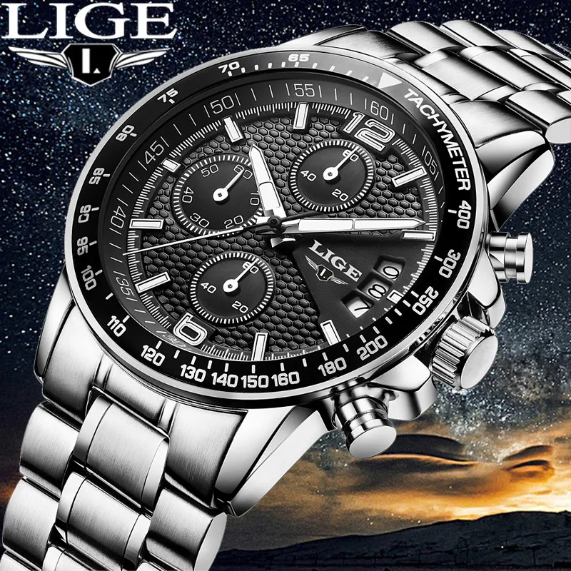 

LIGE Waterproof Luxury Quartz Sport reloj hombre Fashion Stainless Steel Strap Chronograph Casual Date Top relogio masculino+Box