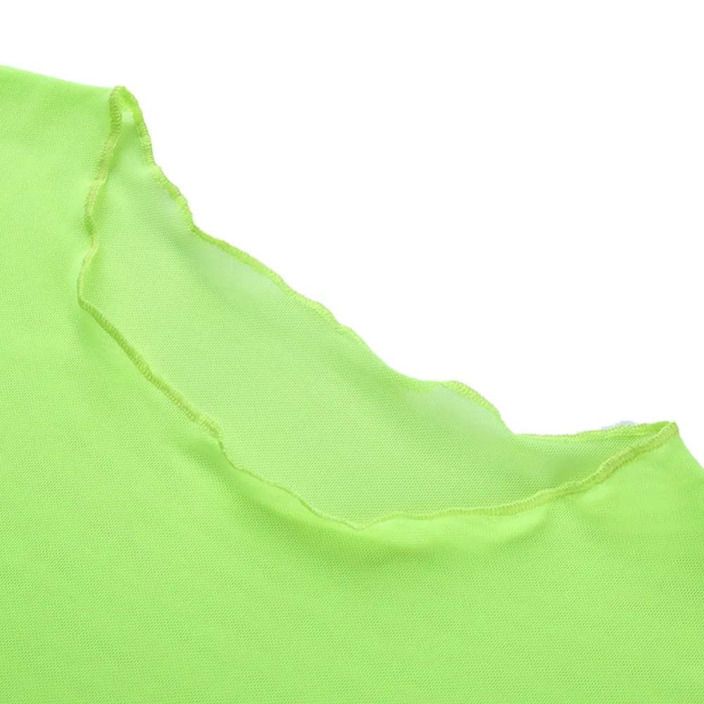 Повседневный неоновый зеленый сетчатый топ Женская футболка прозрачный однотонный топ с коротким рукавом летняя уличная Футболка женская футболка