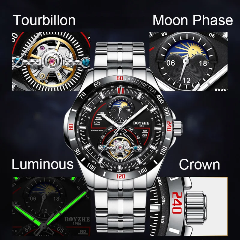 Мужские механические часы BOYZHE с ремешком из нержавеющей стали, спортивные автоматические часы с турбийоном, светящиеся часы с календарем и фазой Луны
