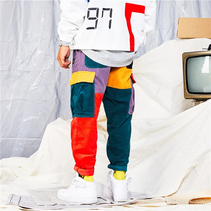 Hip Hip Streetwear Men's Color Block Joggers Pants 2019 Men Corduroy Pant Trousers Elastic Waist Harem Patchwork Pant Men HA037