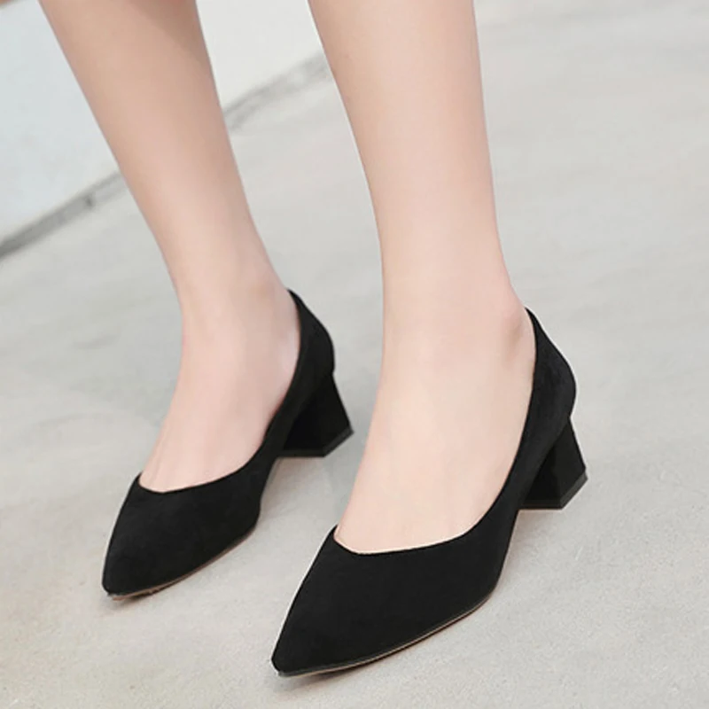 

2019 New Spring Women Shallow Pumps Med Square Heels Platform Slip On Pointed Toe Solid Ladies Office Shoes WXG666