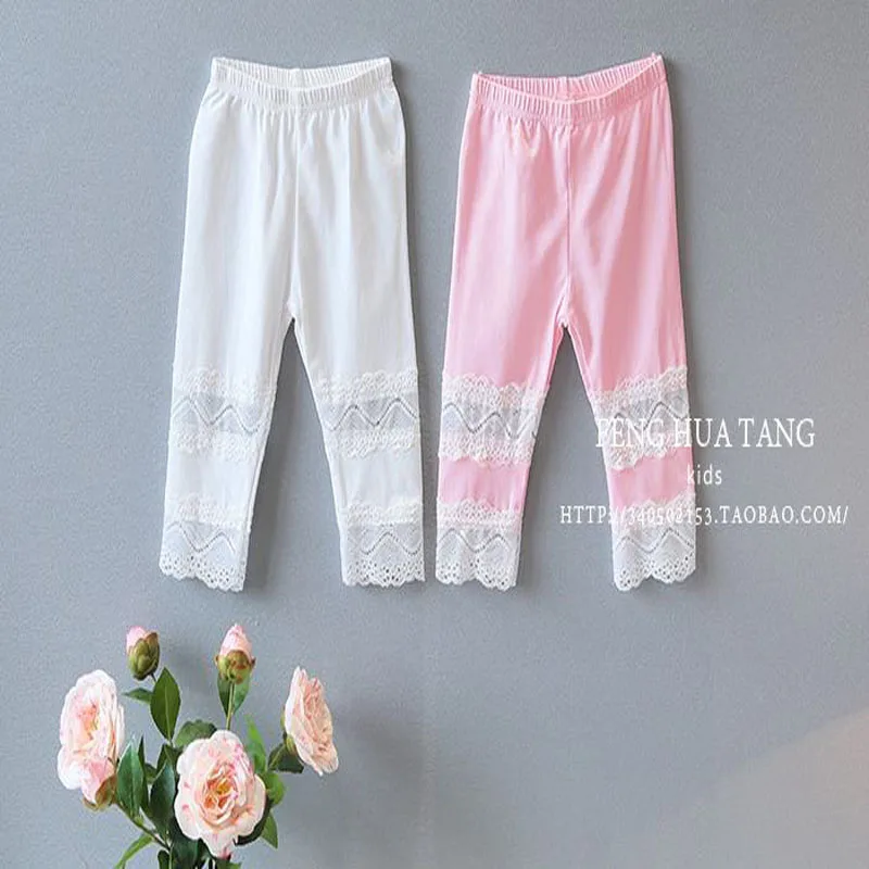 

High Quality Summer Fashion Children Pants Candy Color Pencil Girls Pants Spliced Lace Solid Cute Trousers Hot Sale
