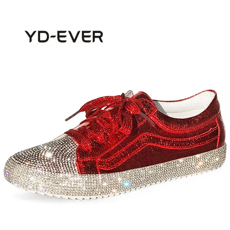 

YD-EVER 2018 Spring Fashion Lady Shine Shoes Women Sneaker Rhinestone Silver Girl Crystal Bling Cross-tied Lace Up Glitter Red